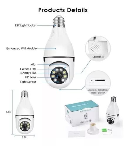 Cámara Bombillo Robótica PTZ Wi-Fi | Panorámica 355° HD con Visión Nocturna y Audio Bidireccional