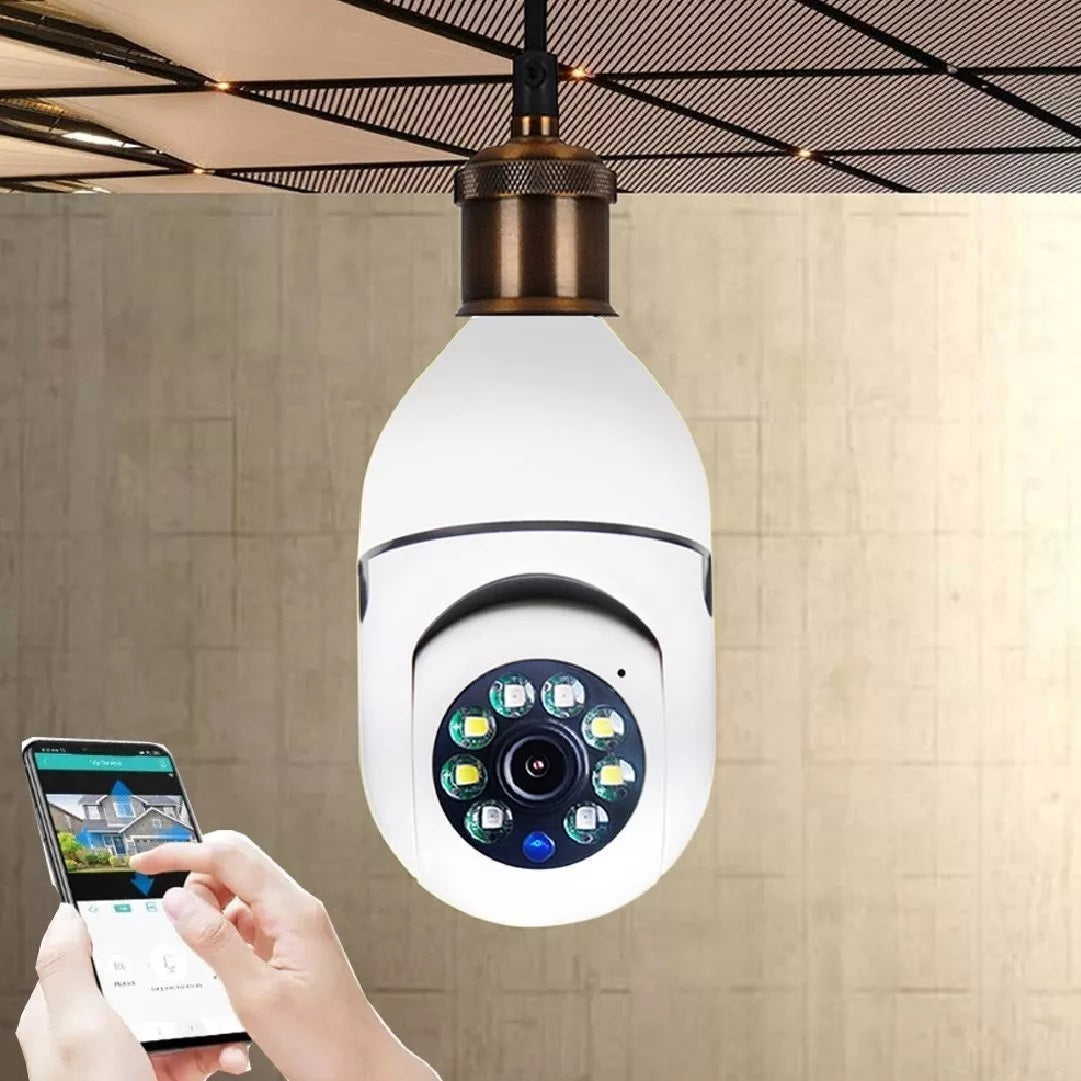 Cámara Bombillo Robótica PTZ Wi-Fi | Panorámica 355° HD con Visión Nocturna y Audio Bidireccional