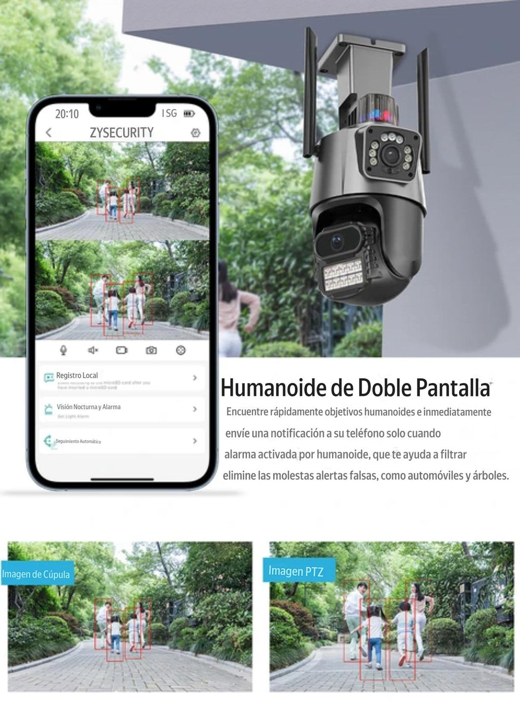 Cámara PTZ Doble Lente Wi-Fi 4MP | Alarma Integrada, Visión Nocturna a Color y Seguimiento IA