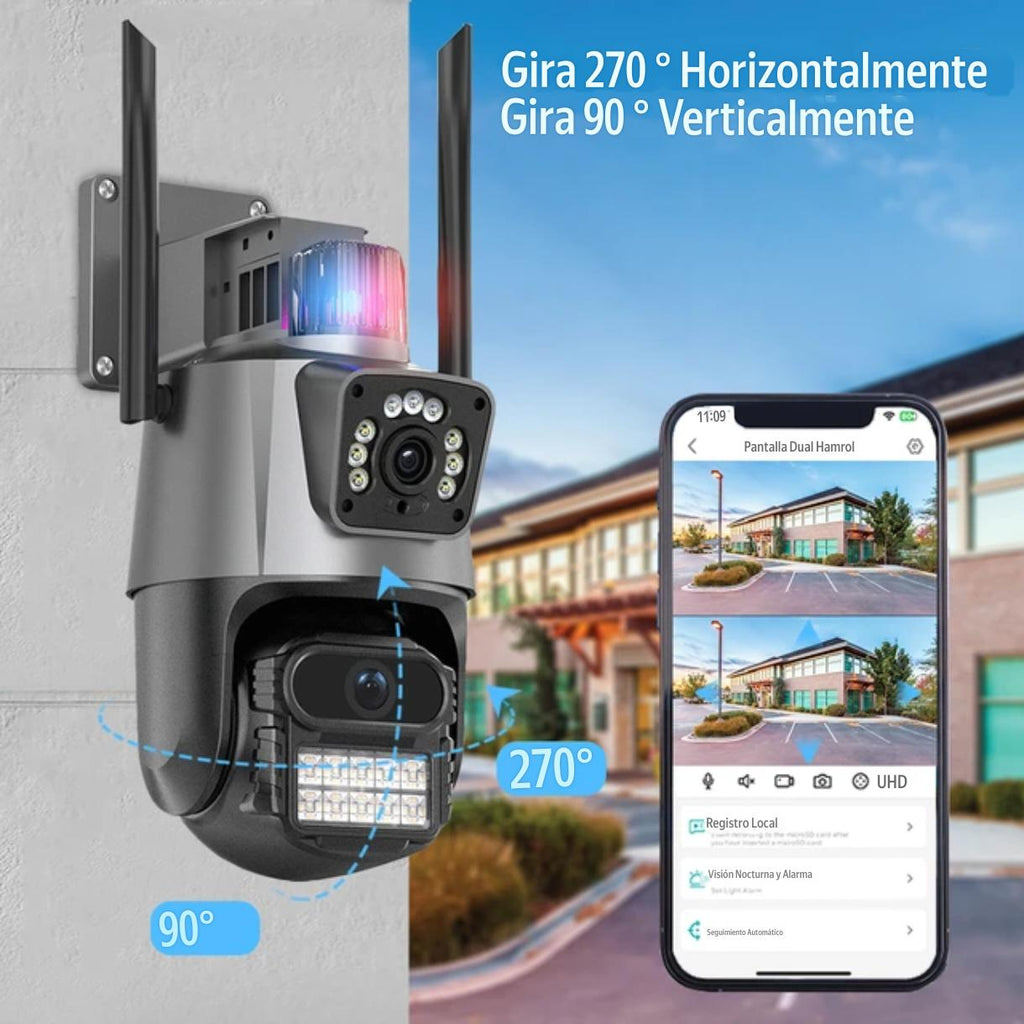 Cámara PTZ Doble Lente Wi-Fi 4MP | Alarma Integrada, Visión Nocturna a Color y Seguimiento IA