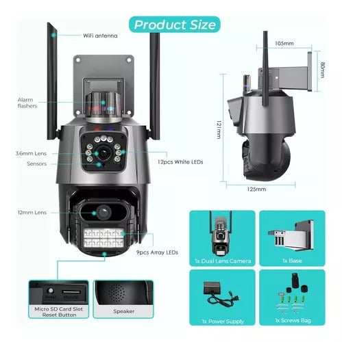 Cámara PTZ Doble Lente Wi-Fi 4MP | Alarma Integrada, Visión Nocturna a Color y Seguimiento IA