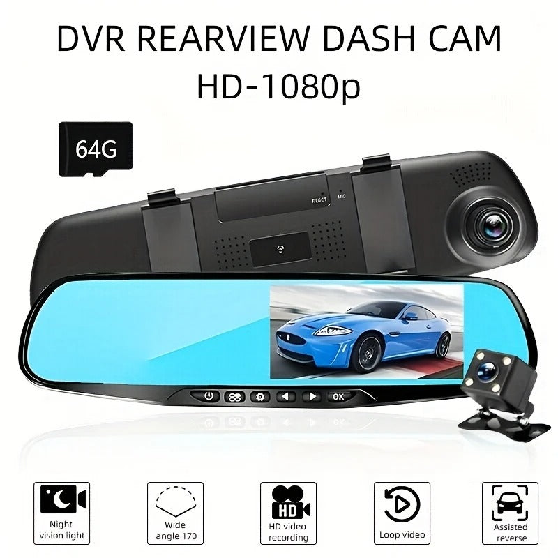 Espejo Retrovisor con DVR y Doble Cámara Full HD 4.3"