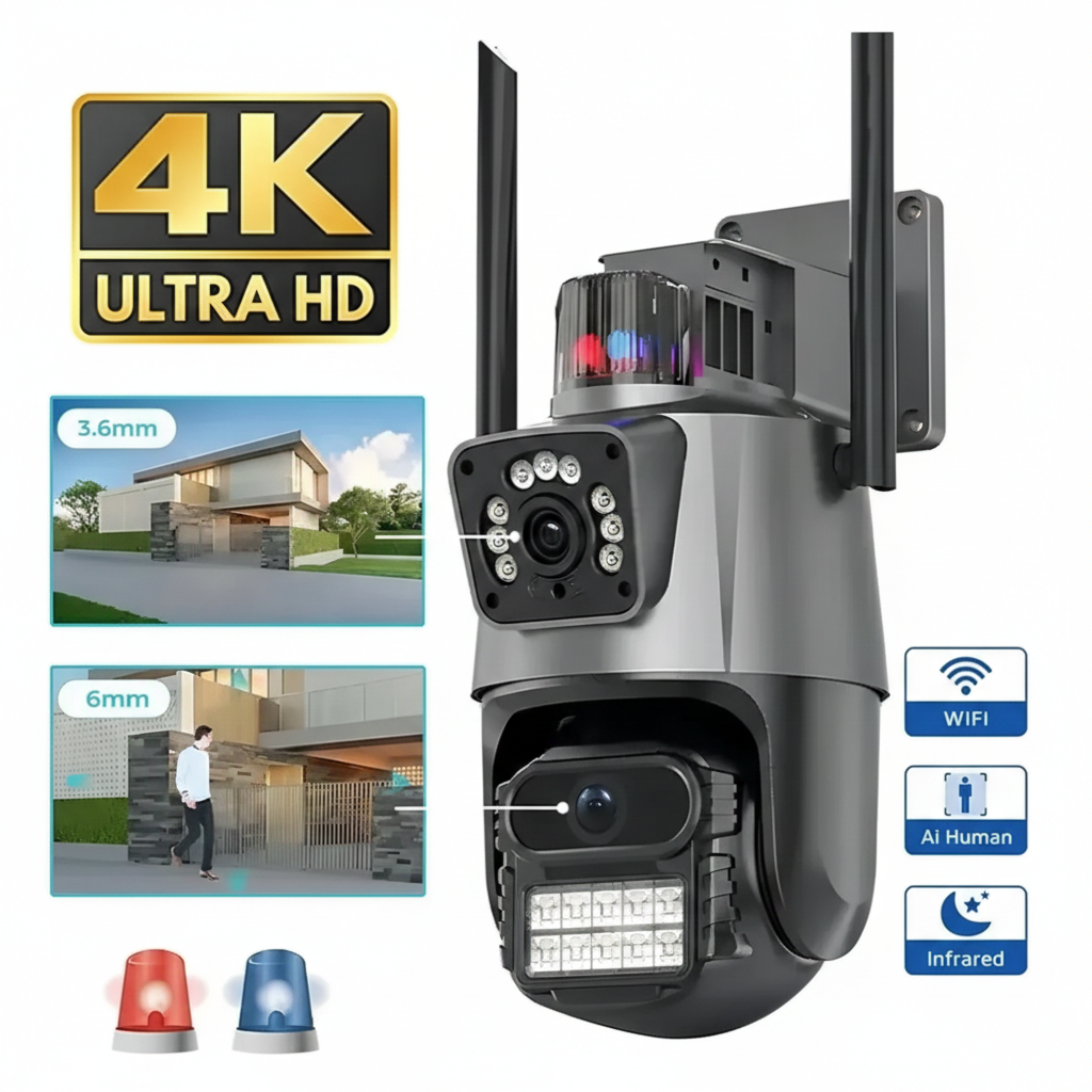 Cámara de Seguridad Doble Lente con Alarma Policial y WiFi