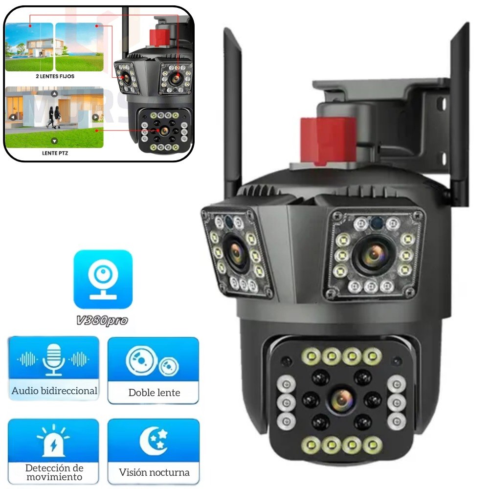 Cámara de Seguridad IP V380 Triple Lente | PTZ 360° HD 1080P con Visión Nocturna y Audio Bidireccional