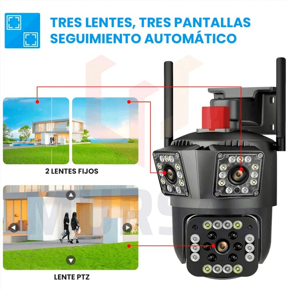 Cámara de Seguridad IP V380 Triple Lente | PTZ 360° HD 1080P con Visión Nocturna y Audio Bidireccional