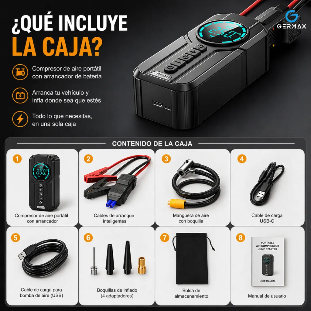 Arrancador Portátil 12V 600A con Compresor de Aire