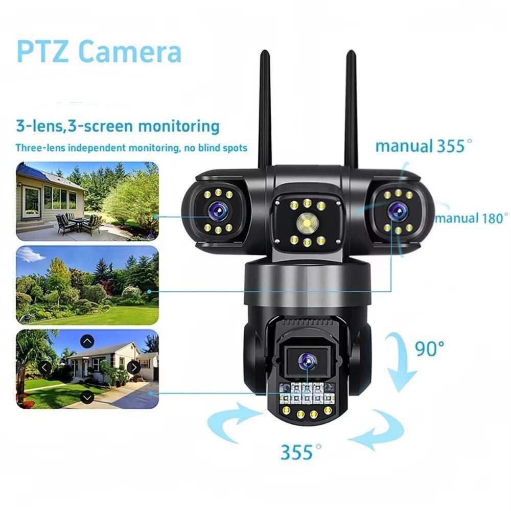 Cámara de Seguridad IP V380 Pro para Exterior | Triple Lente PTZ 355°, HD 1080P y Visión Nocturna