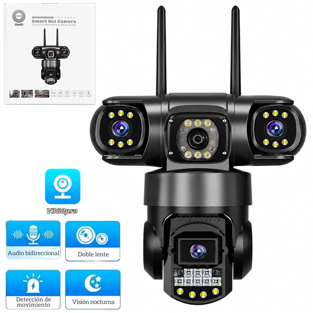 Cámara de Seguridad IP V380 Pro para Exterior | Triple Lente PTZ 355°, HD 1080P y Visión Nocturna