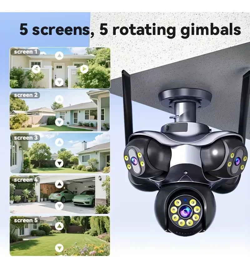 Cámara de Seguridad WiFi 4K – 5 Lentes Independientes, Domo Tipo Pulpo, Visión Nocturna y Alarma