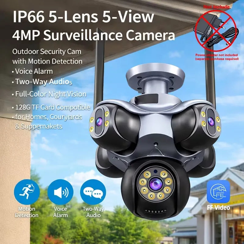 Cámara de Seguridad WiFi 4K – 5 Lentes Independientes, Domo Tipo Pulpo, Visión Nocturna y Alarma